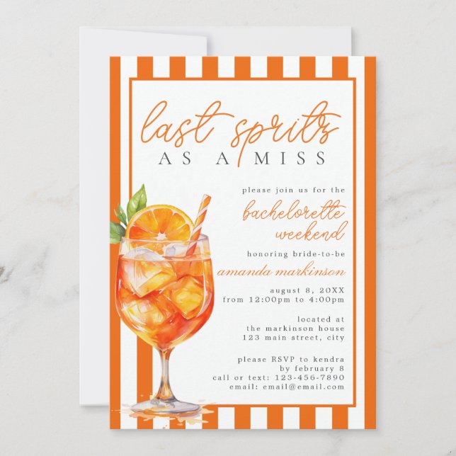 Convite Último Spritz como uma Solteira Miss Laranja Apero (Frente)