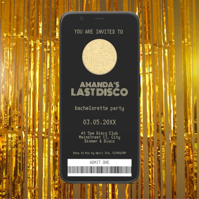 Convite Último Tíquete de Ouro de Disco (last disco bachelorette party invitation golden disco ticket)