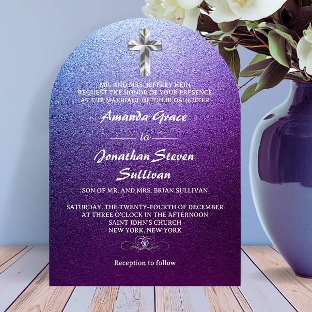 Convite Ultra Moderno Glitter Roxo Cruz Arqueada  (Purple Silver Christian Cross Arched Wedding Invitation)
