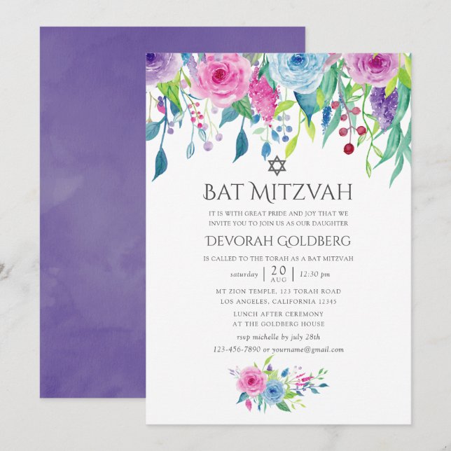 Convite Ultra Violet Watercolor Bat Mitzvah (Frente/Verso)