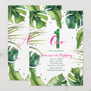 Convite UM 1 1º Aniversário Folhas Tropicais Rosa Verde