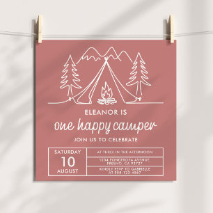Convite Um Acampador Feliz Minimalista Doodle Rosa Empoeir