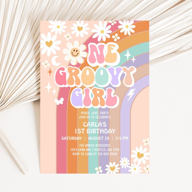 Convite Um Aniversário de 1 Ano Groovy Retro Arco-Íris Hip (Criador carregado)