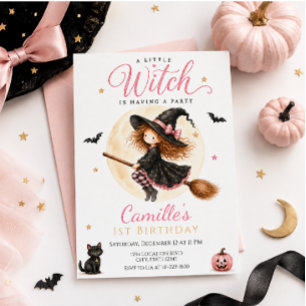 Convite Um Aniversário de Menina Bruxa Rosa no Halloween