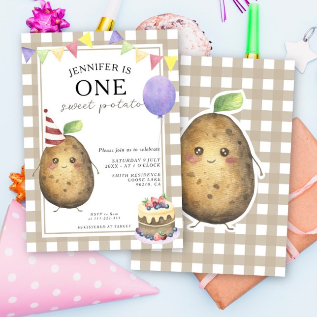 Convite Um Aniversário de Um Ano de Batata Doce Neutro em  (Criador carregado)