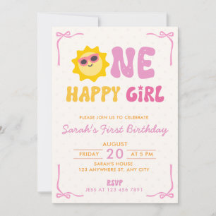 Convite Um Aniversário Feliz de Menina Retro Sol