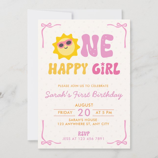Convite Um Aniversário Feliz de Menina Retro Sol (Frente)