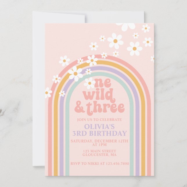 Convite Um aniversário selvagem Três Pastel arco-íris (Frente)