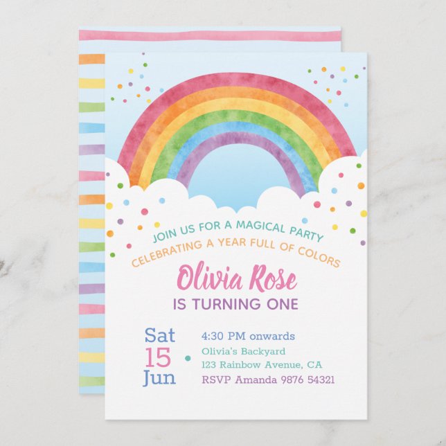 Convite Um ano de Cheio de cores | Arco-Íris Primeiro Aniv (Frente/Verso)