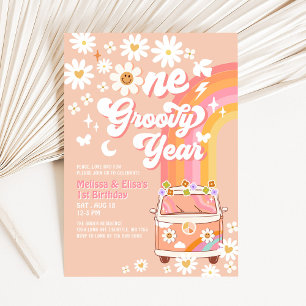 Convite UM Ano Groovy Gêmeos Rosa Pêssego 1º Aniversário