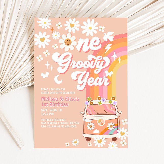 Convite UM Ano Groovy Gêmeos Rosa Pêssego 1º Aniversário (Criador carregado)