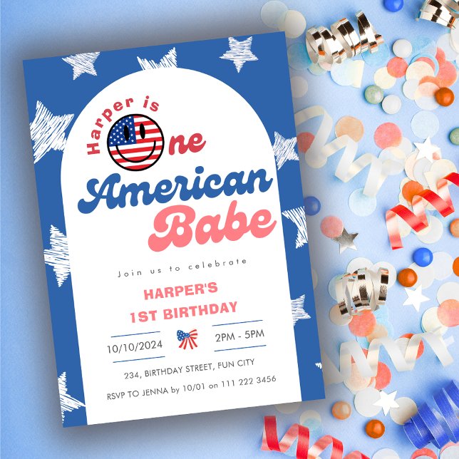Convite Um Babe Americano Aniversário de 14 de julho (One American Babe 4th of July 1st Girl Birthday Invitation)