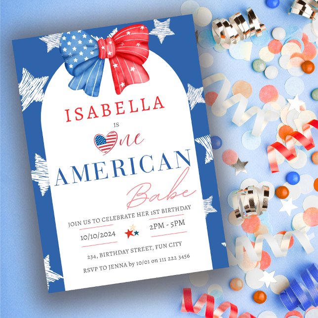 Convite Um Babe Americano em 4 de julho de primeiro aniver (One American Babe 4th of July 1st Birthday Invitation)