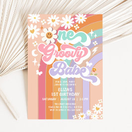 Convite Um Babe Groovy 1º Aniversário Daisy Rainbow