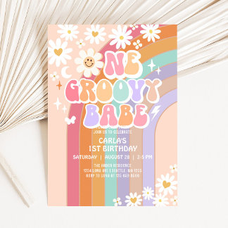 Convite Um Babe Groovy Daisy Rainbow Retro 1º Aniversário