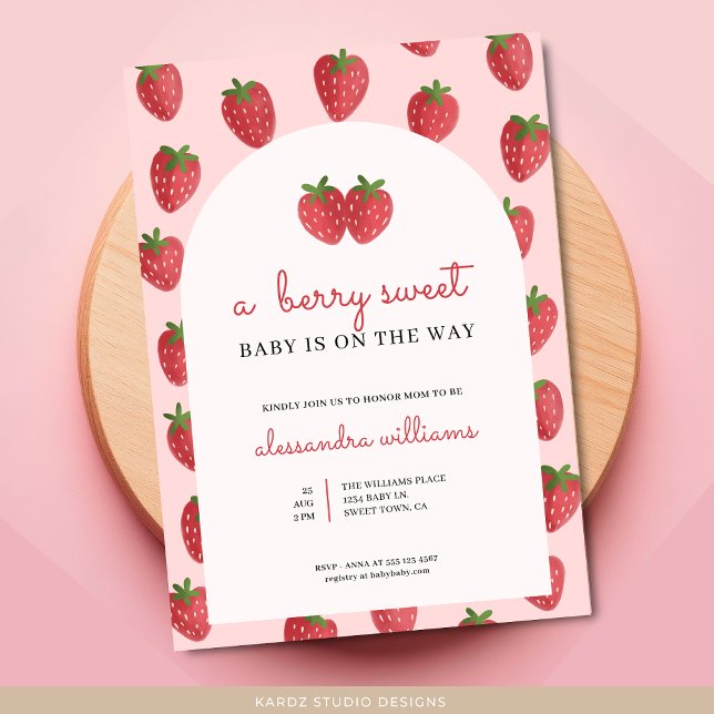 Convite Um Bebê Berry Sweet está no caminho do Chá de fral (Invite shown in 5 x 7 inches, choose size, paper and corner style. Buy print or digital invitations.)