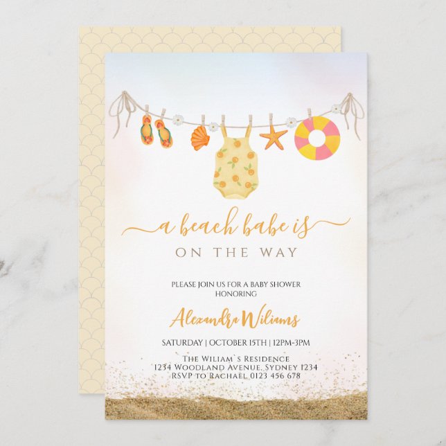 Convite Um bebê de praia está a caminho do Chá de fraldas (Frente/Verso)