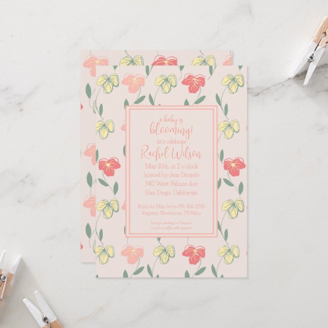 Convite Um bebê é um Chá de fraldas de Pansias Rosa (Frente/Verso In Situ)