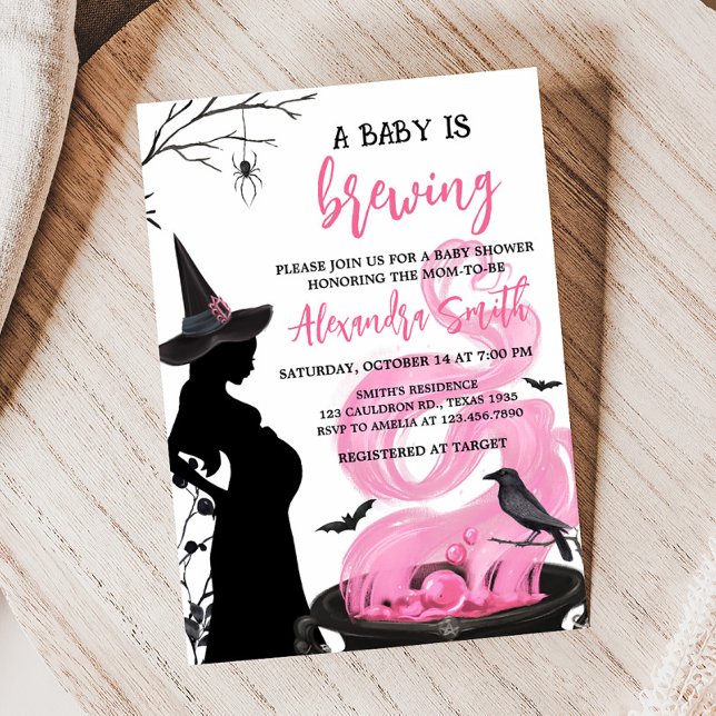 Convite Um bebê está a criar Chá de fraldas de bruxa rosa (Pink Witch Baby Shower Invitation)