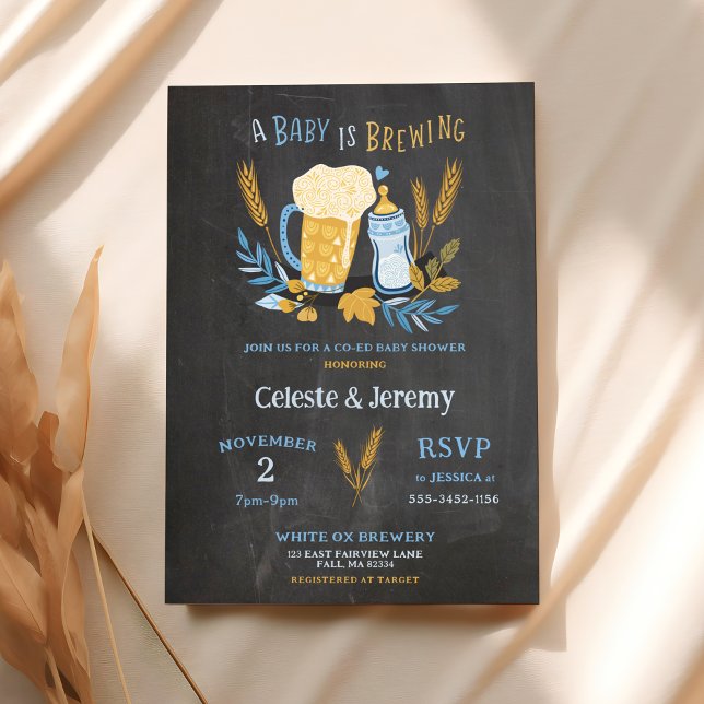 Convite Um bebê está a criar, Chá de fraldas de código par (a baby is brewing baby shower invitation shown on cloth tabletop with fall foliage )