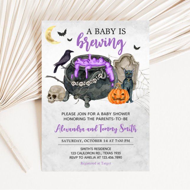Convite Um bebê está a criar Chá de fraldas de Halloween (Violet Baby is Brewing Halloween Baby Shower invitation)