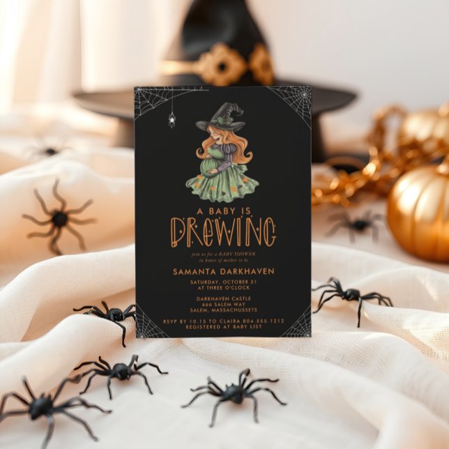 Convite Um bebê está criando Chá de fraldas de Dia das Bru (BABY IS BREWING CUTE WITCH HALLOWEEN BABY SHOWER INVITATION )
