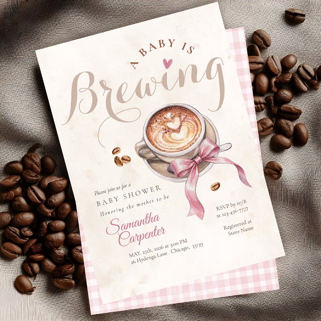 Convite Um bebê está preparando café laço rosa chá de bebê (Criador carregado)
