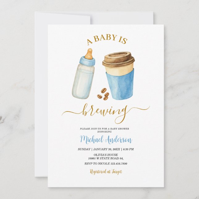 Convite Um Bebê Está Preparando Café Menino Azul Chá de Be (Frente)
