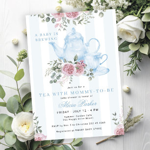 Convite Um bebê está preparando chá floral azul menino chá
