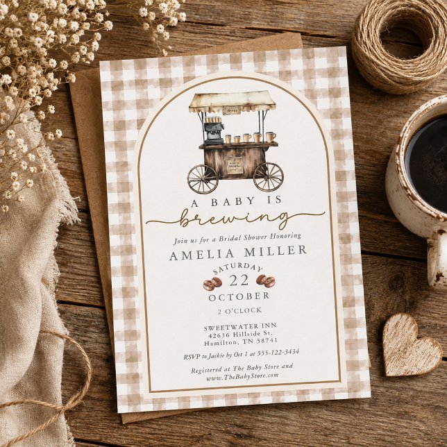 Convite Um Bebê Está Sendo Preparado Chaminé de Gingham Vi (A Baby is Brewing Gingham Vintage Cart Baby Shower Invitation)