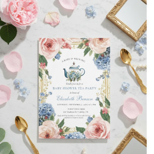 Convite Um Bebê Está Sendo Preparado Chuveiro Floral Azul