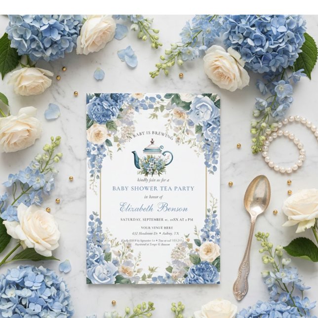 Convite Um Bebê Está Sendo Preparado Chuveiro Floral Azul (Criador carregado)
