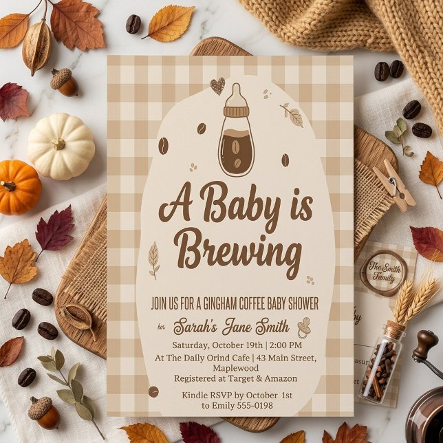 Convite Um Bebê Está Sendo Preparado Gingham Café Gênero N (Criador carregado)