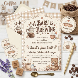Convite Um Bebê Está Sendo Preparado Gingham Café Gênero N