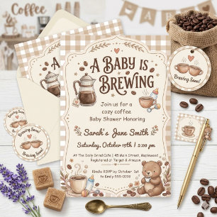 Convite Um Bebê Está Sendo Preparado Gingham Café Gênero N