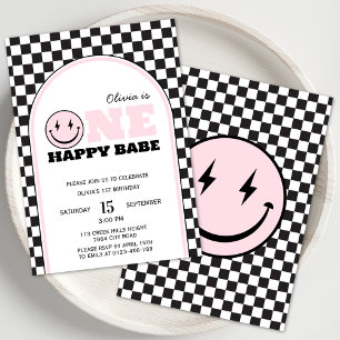 Convite Um bebê feliz, as garotas bebem rosa, primeiro ani