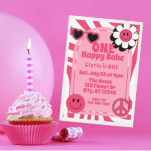 Convite Um Bebê Feliz, rosa 1º Aniversário