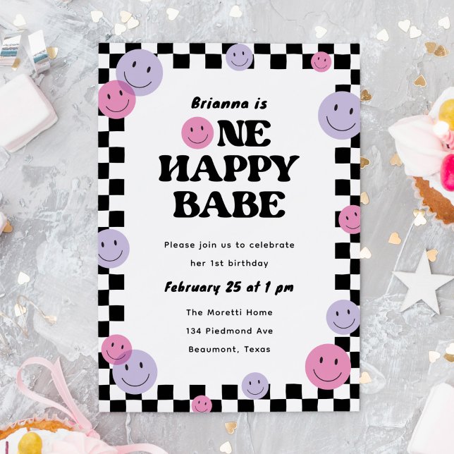 Convite Um Bebê Feliz Sorrindo Festa de primeiro aniversar ("One happy babe" pink 1st birthday party invitation with smiling faces)