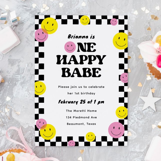 Convite Um Bebê Feliz Sorrindo Festa de primeiro aniversar ("One happy babe" 1st birthday party invitation with smiling faces)