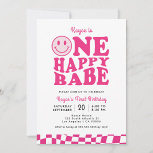 Convite Um bebê feliz sorriso rosa primeiro aniversario