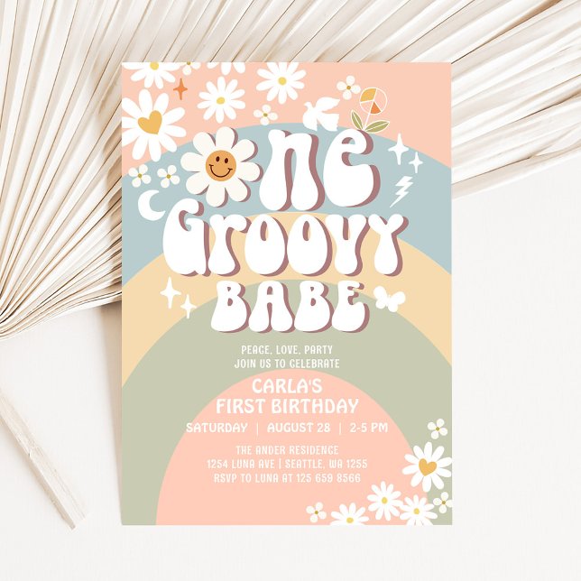 Convite Um Bebê Groovy Daisy Hippie Aniversário de 1 ano (Criador carregado)