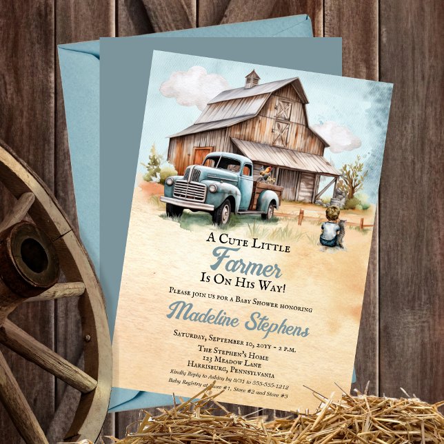 Convite Um belo celeiro | Chá de fraldas Truck Boy ("A Cute Little Farmer Is On His Way!" Boy Rustic Barn | Vintage Truck Baby Shower Invitation)