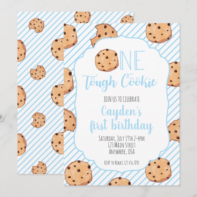 Convite Um Biscoito Duro Azul primeiro Aniversário (Frente/Verso)