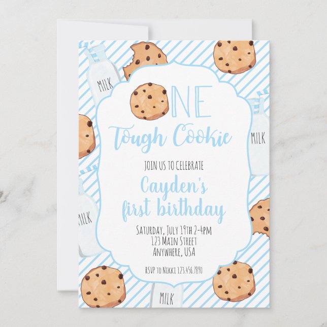 Convite Um Biscoito Duro Azul primeiro Aniversário (Frente)