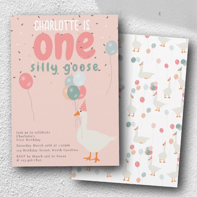Convite Um Bobo de Festa de primeiro aniversario de Ganso  (Girl's One Silly Goose 1st Birthday Party Pink Invitation)