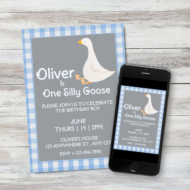 Convite Um Bobo ganha Festa de aniversário de Gingham Blue (One Silly Goose Blue Gingham Boy's Birthday Party Invitation and Download)