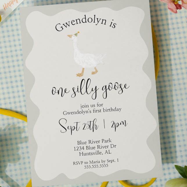 Convite Um Bobo ganha graça primeira Festa de aniversário (one silly goose fun whimsical first birthday party girl boy gender neutral cute watercolor invite)