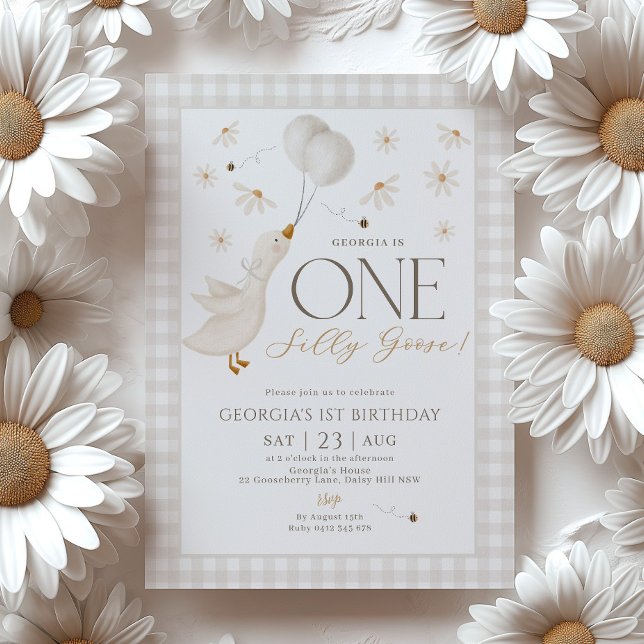 Convite Um Bobo ganha primeiro aniversario neutro Beige Gi (Silly Goose 1st Birthday Neutral Beige Invitation)