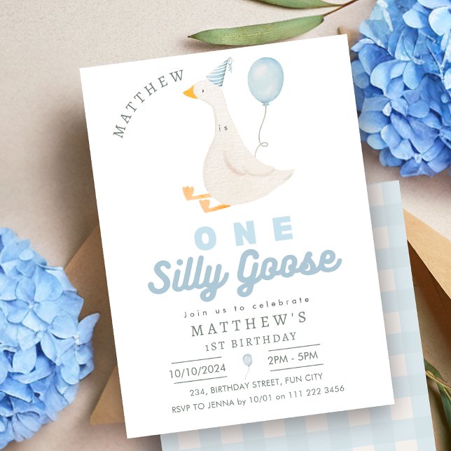 Convite Um Bobo ganso primeiro aniversario azul (One Silly Goose Blue Boy 1st Birthday Invitation)