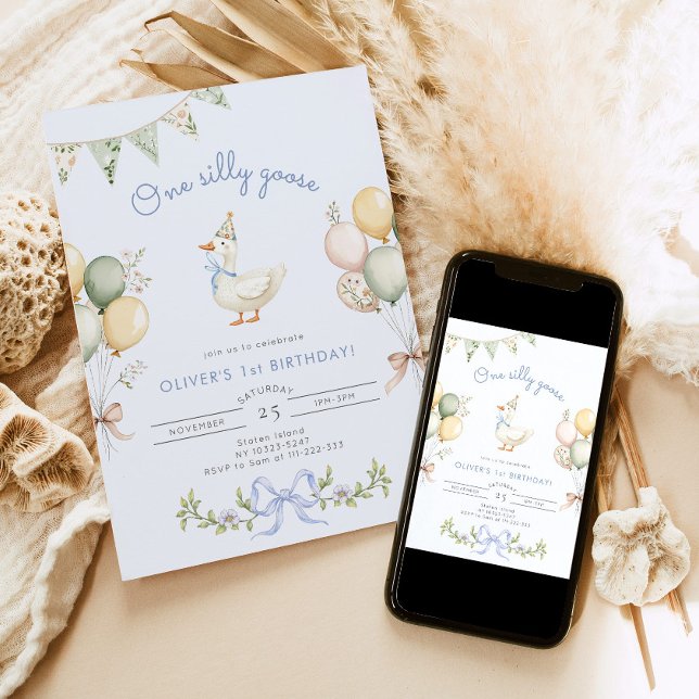 Convite Um Bobo ganso primeiro aniversario azul (Criador carregado)